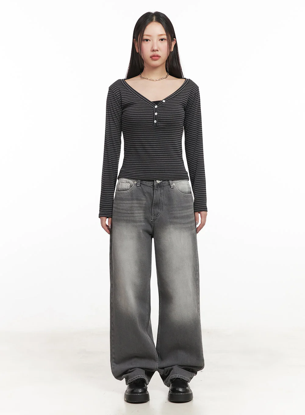 Stripe Buttoned Long-Sleeve Top IM524 - Image 4