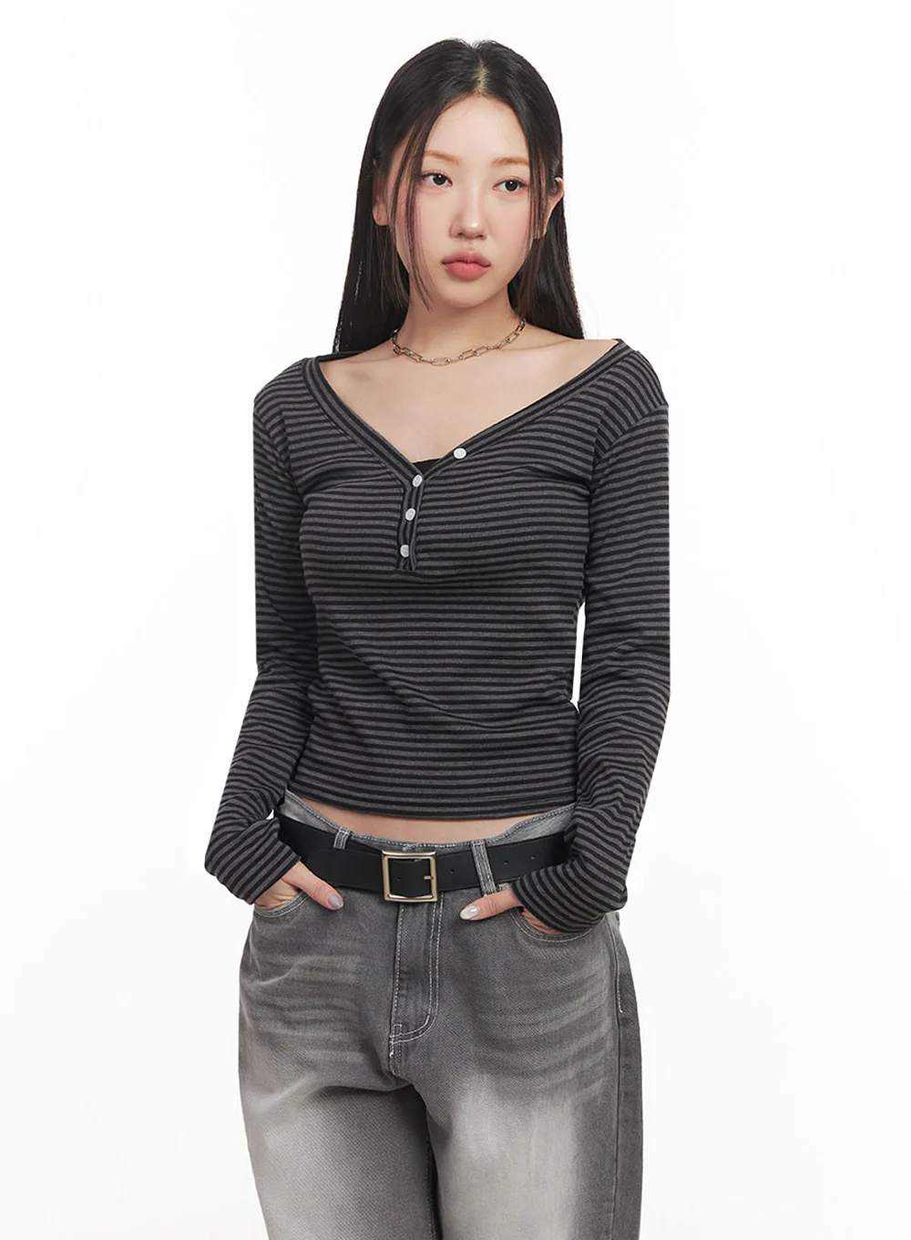 Stripe Buttoned Long-Sleeve Top IM524 - Image 7