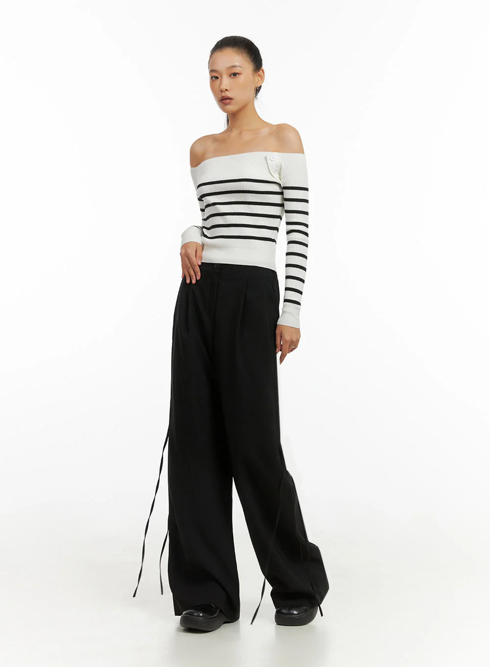 Stripe Buttoned Off-Shoulder Top IO409 - Image 8