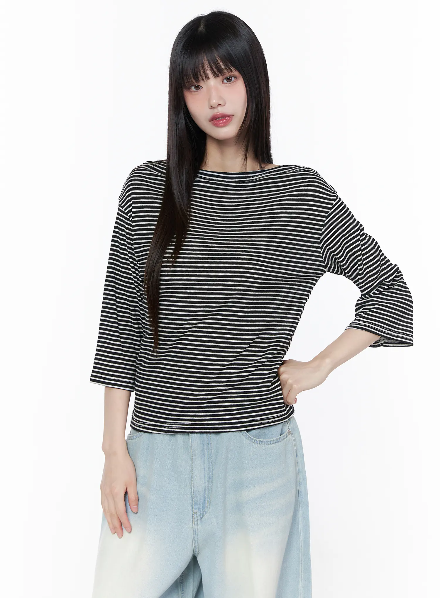 Striped Boat Neck Long Sleeve Tee CU519 - Image 2