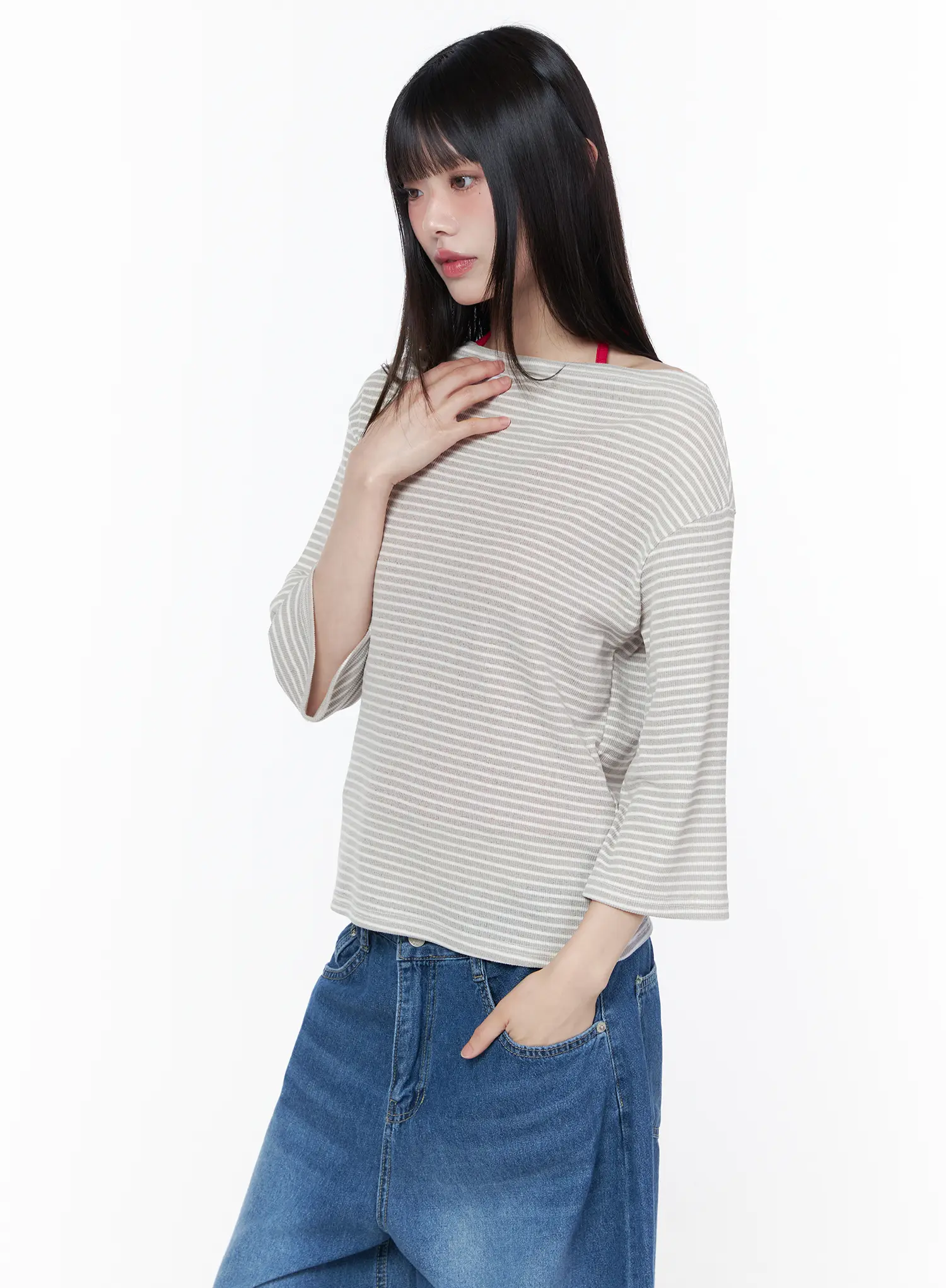 Striped Boat Neck Long Sleeve Tee CU519 - Image 9