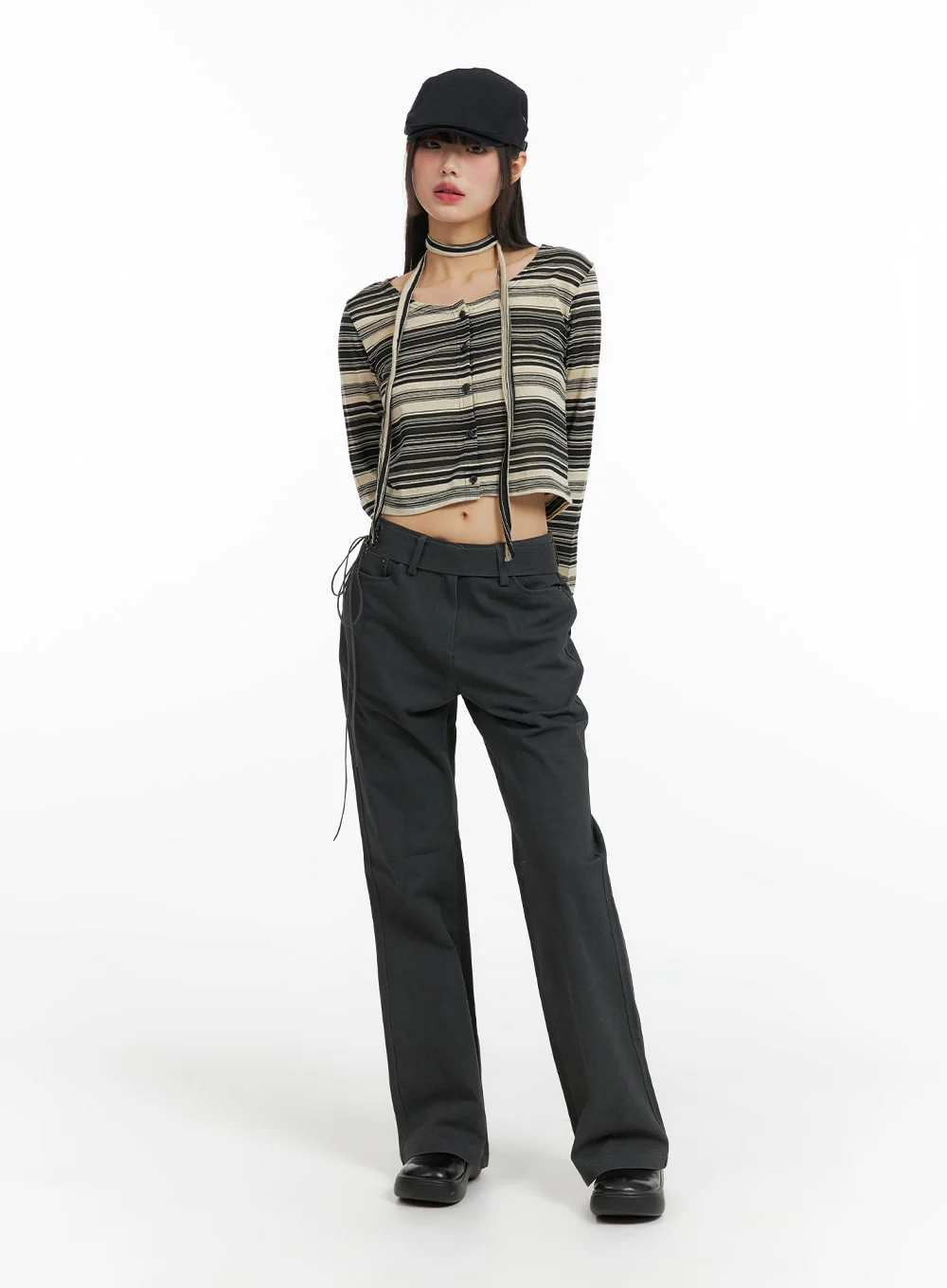 Striped Button Cardigan with Scarf CF423 - Image 2