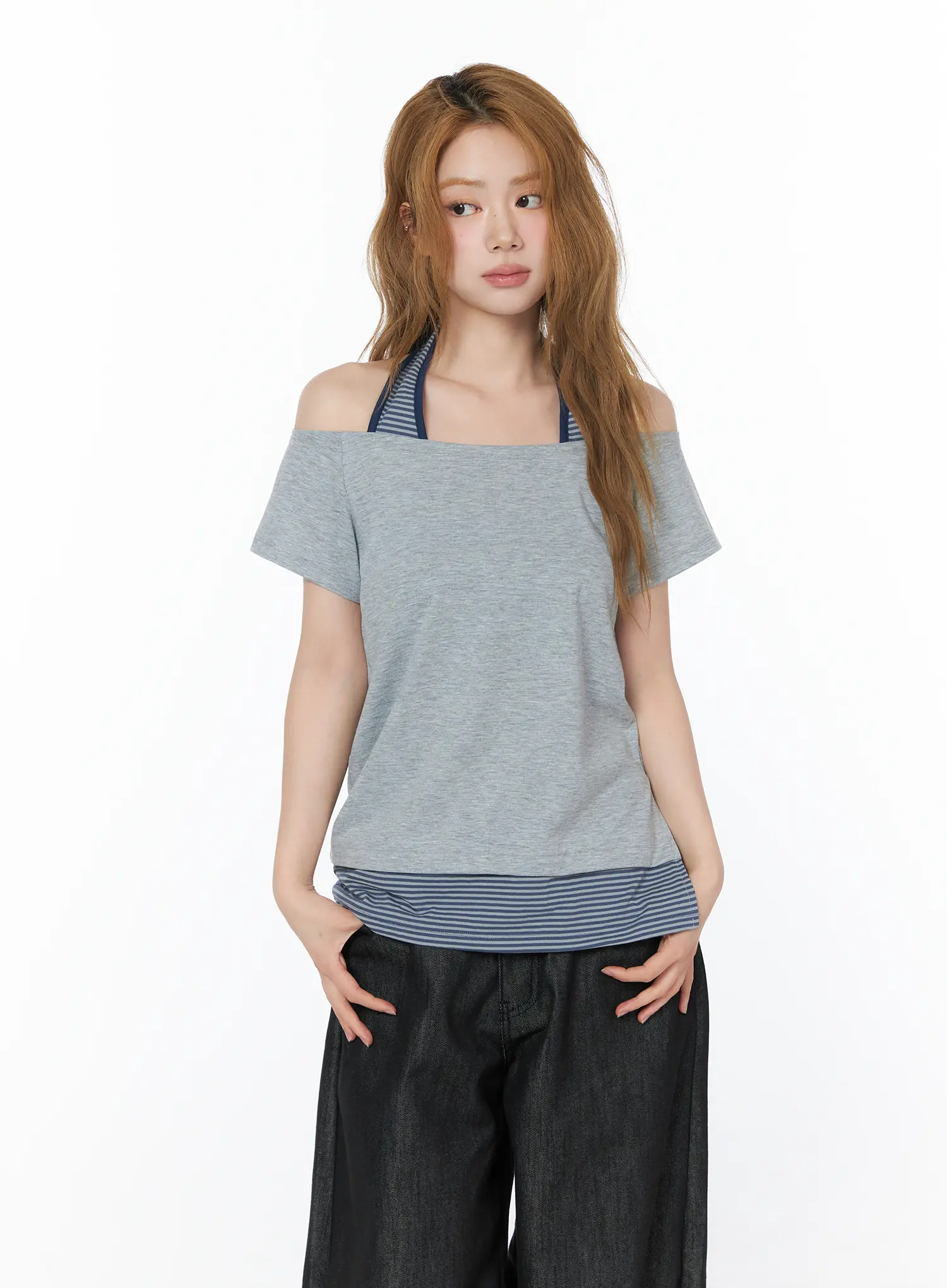 Striped Halter Off-Shoulder Tee CY508 - Image 2