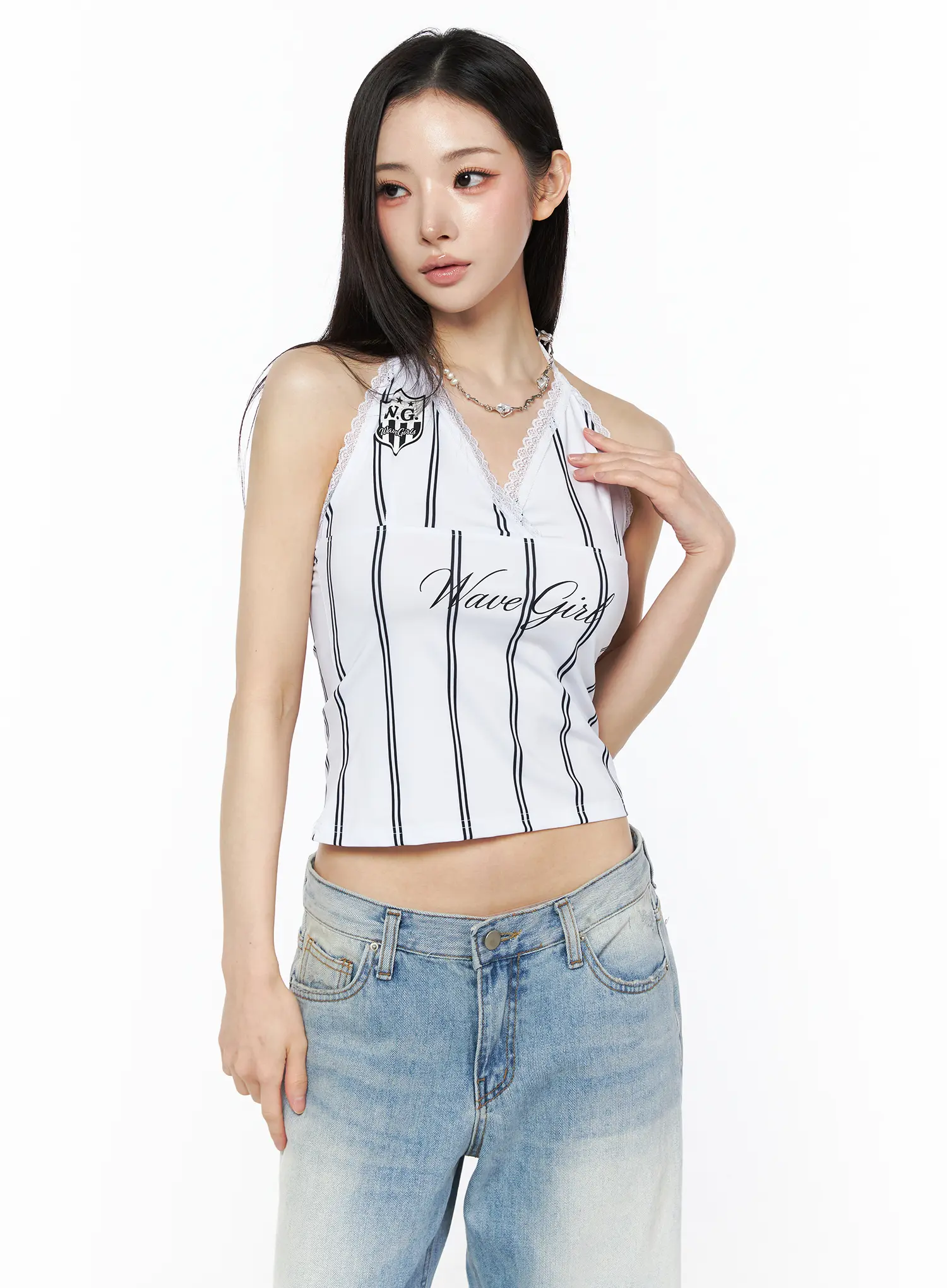 Striped Lace Halter Top CU511 - Image 2