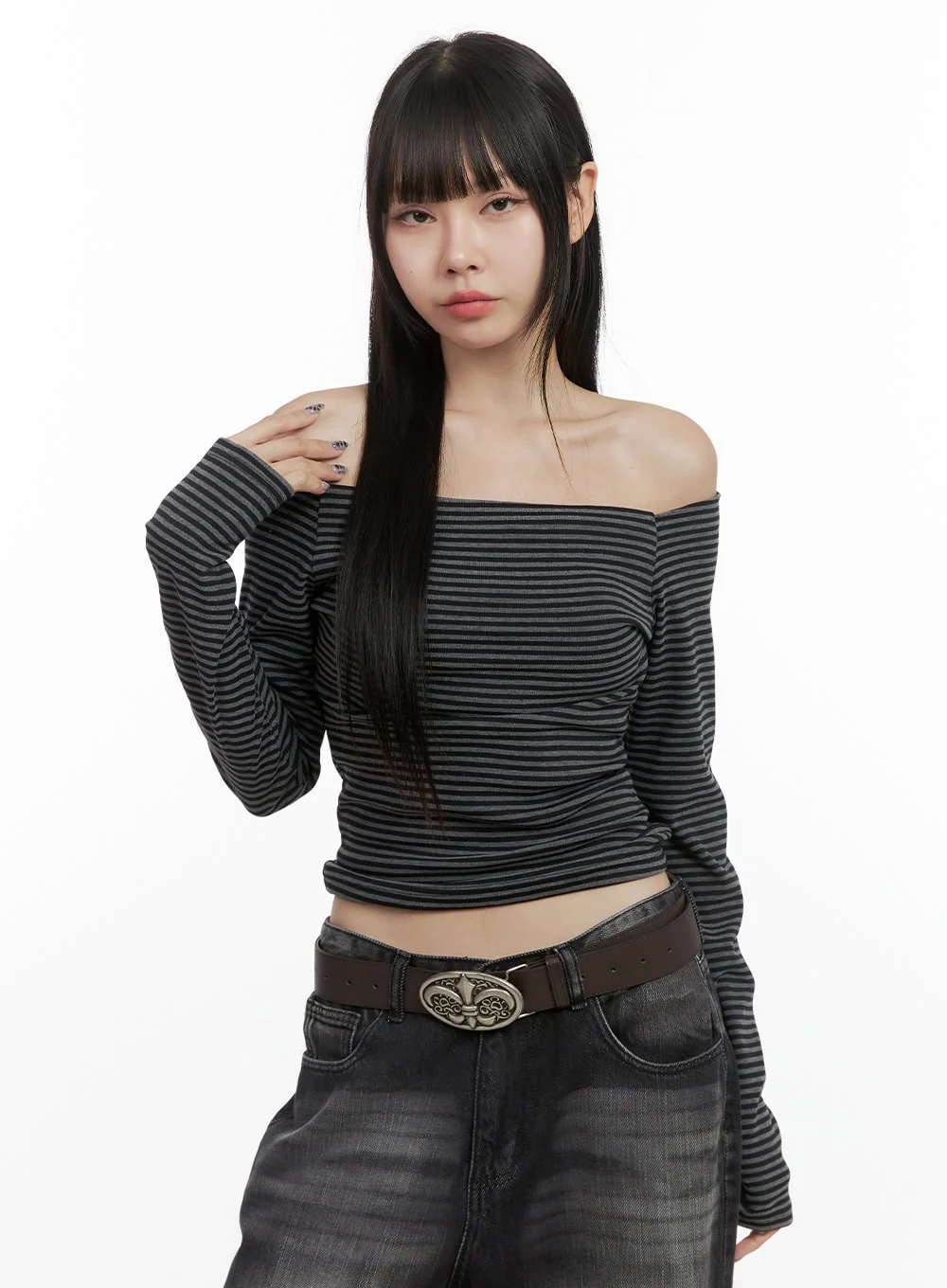 Striped Off-Shoulder Long Sleeve Top OO401 - Image 9