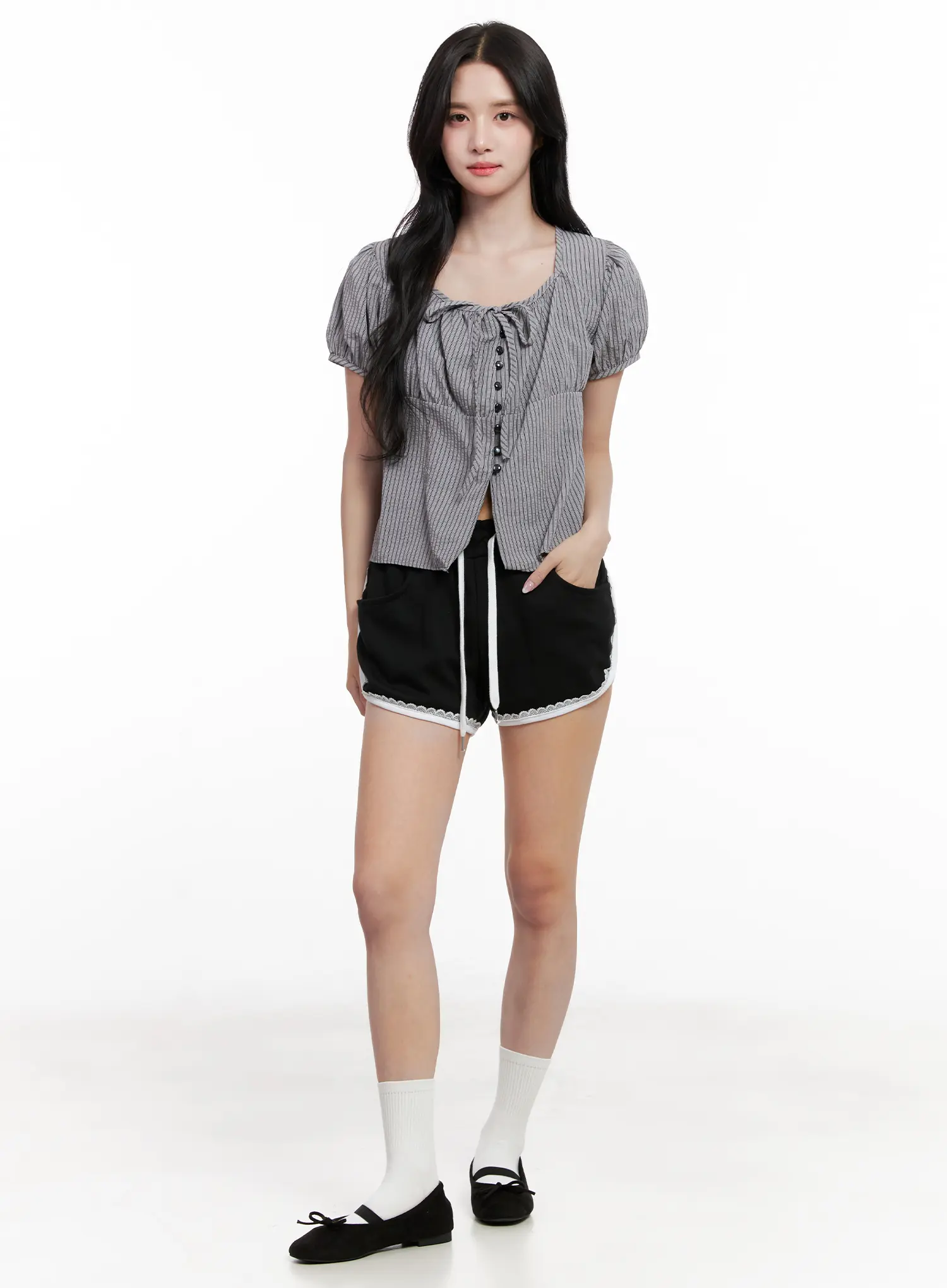Striped Puff-Sleeve Ribbon Top CL516