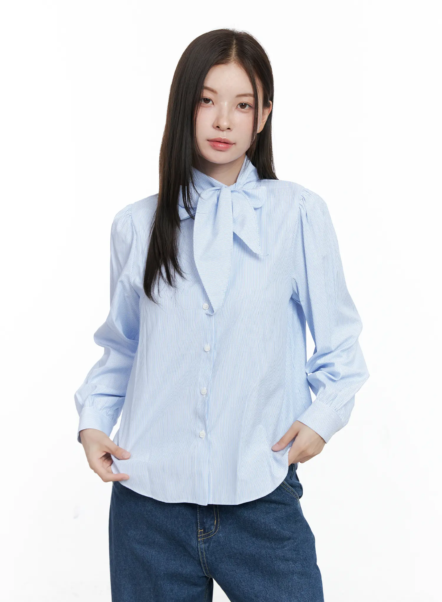 Striped Puff Sleeve Tie Blouse CO506 - Image 12