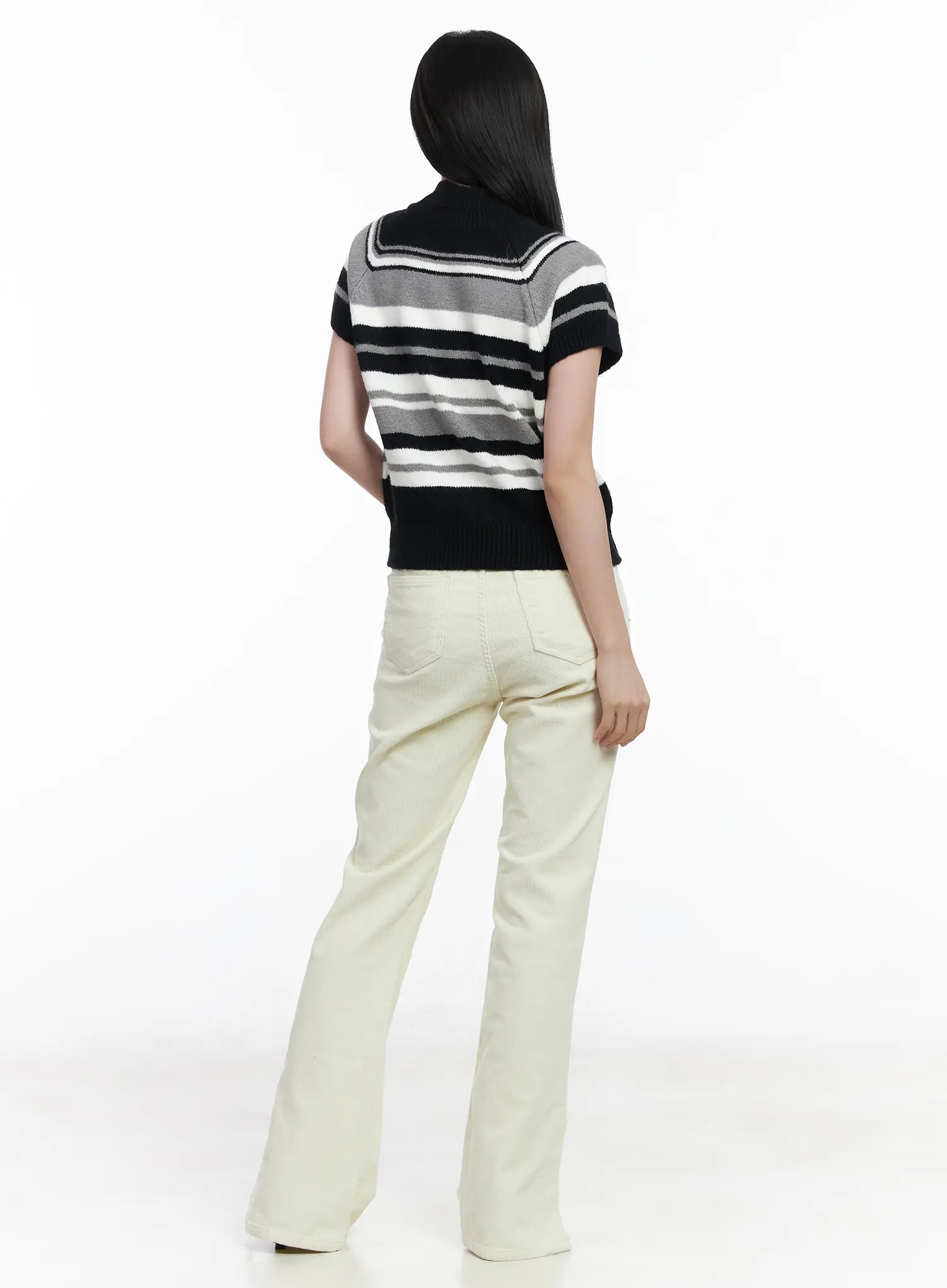 Striped Turtleneck Short Sleeve Knit Top CJ520 - Image 5