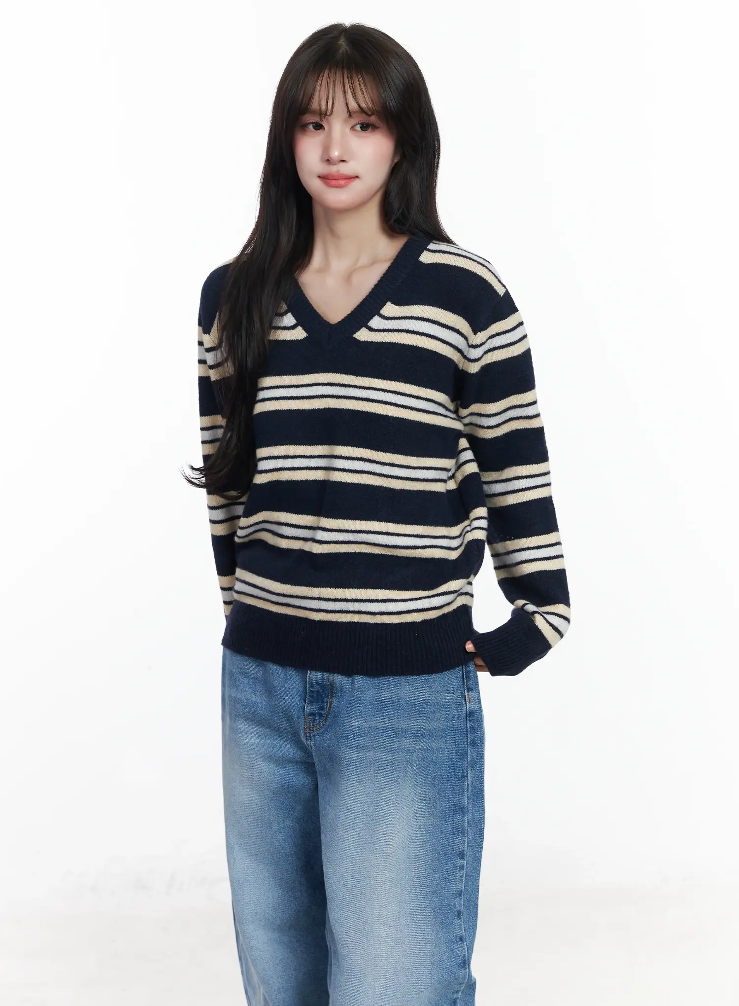 Striped V-Neck Knit Sweater IJ529 - Image 11