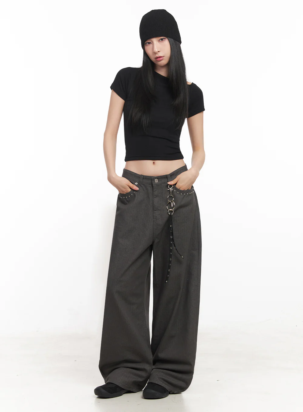 Studded Cotton Wide-Leg Pants IY516 - Image 6