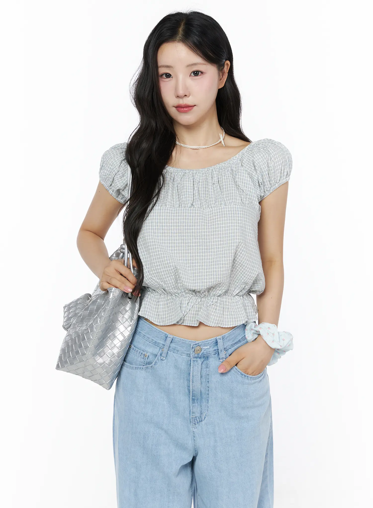 Summer Plaid Off-Shoulder Blouse IU525