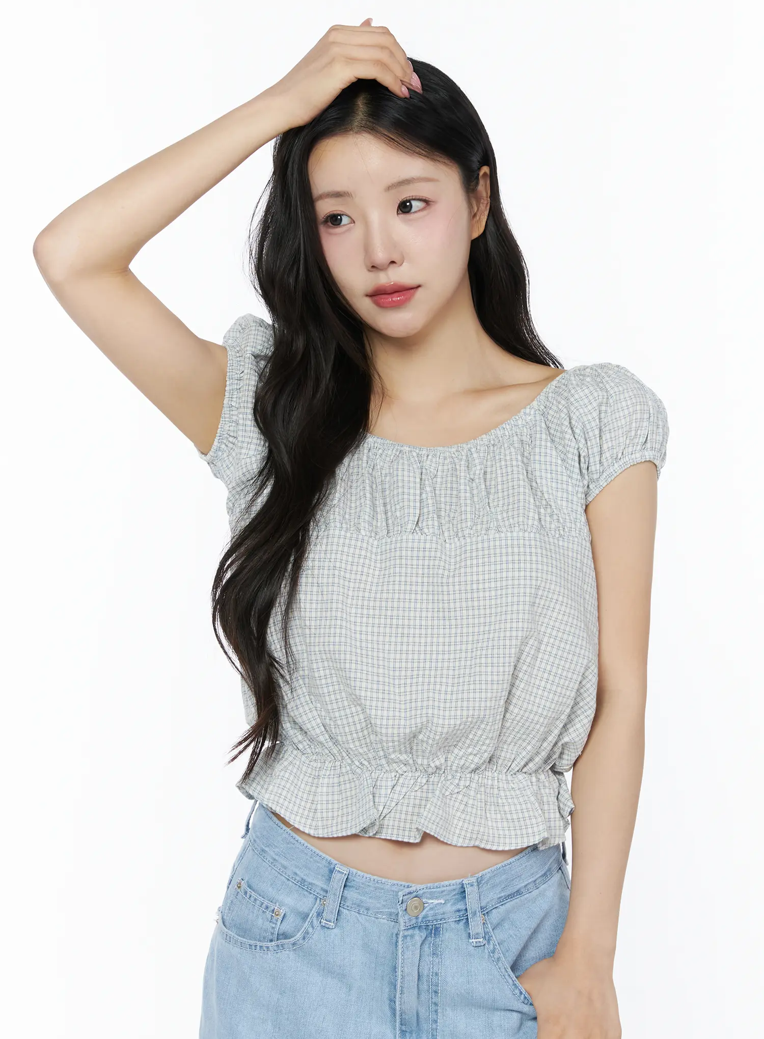 Summer Plaid Off-Shoulder Blouse IU525 - Image 6