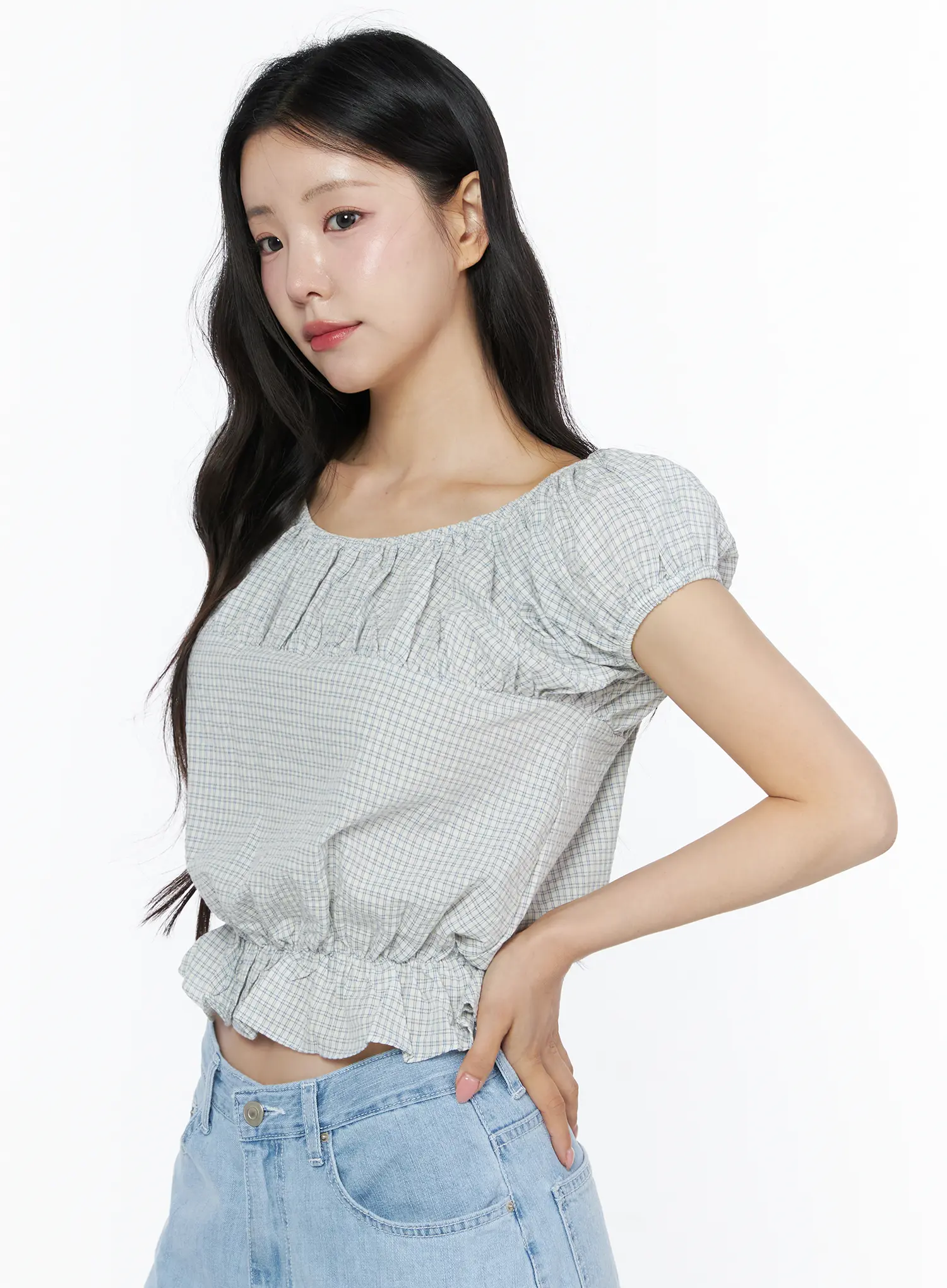 Summer Plaid Off-Shoulder Blouse IU525 - Image 8