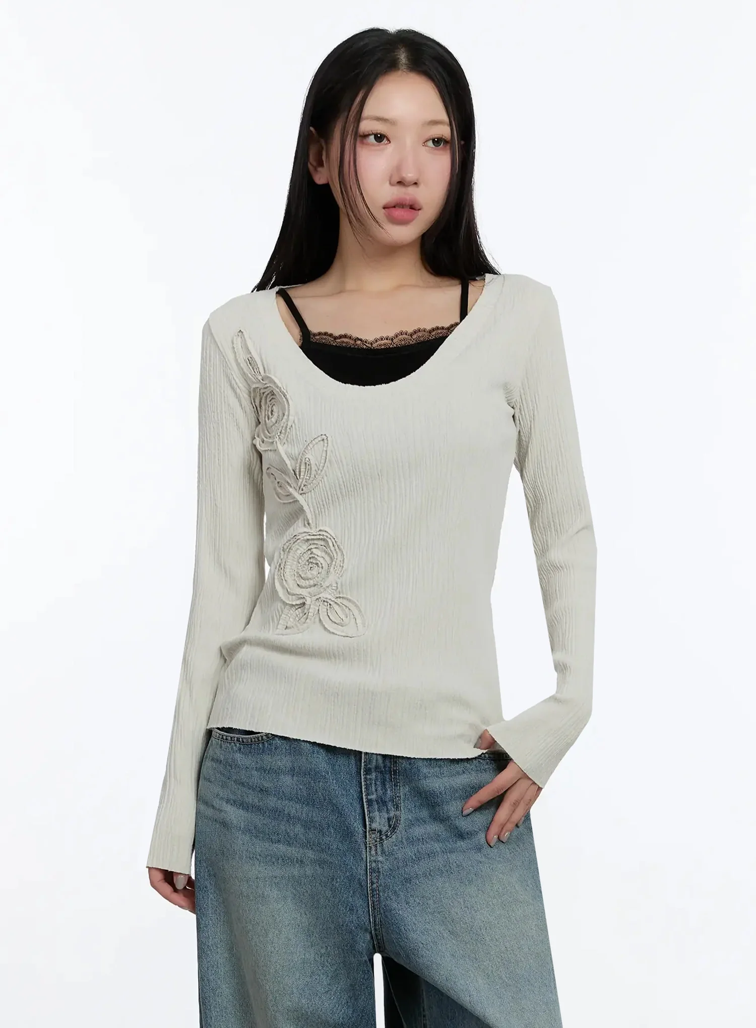 Two-Way Flower Ribbed Top IM509 - Image 3