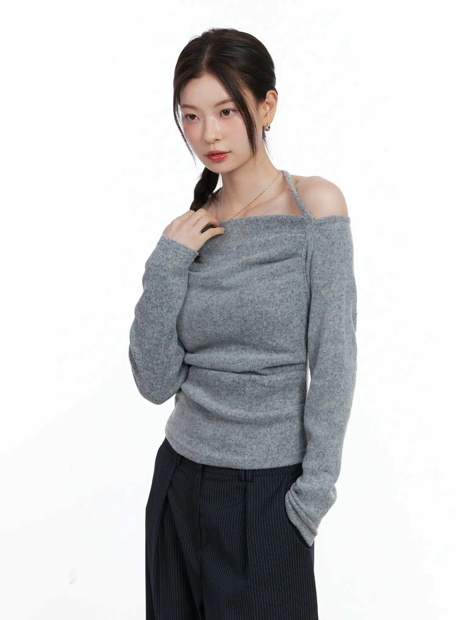 Two-Way Shirred Fleece Off-Shoulder Top CN518 - Image 5