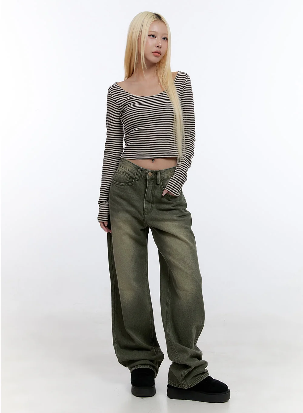 U Neck Stripe Crop Long Sleeve Top CO419 - Image 2