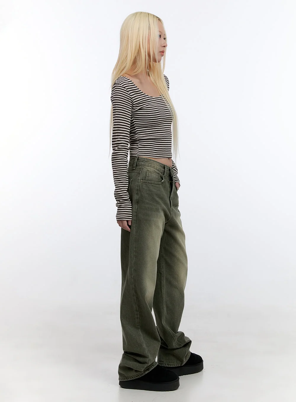 U Neck Stripe Crop Long Sleeve Top CO419 - Image 4