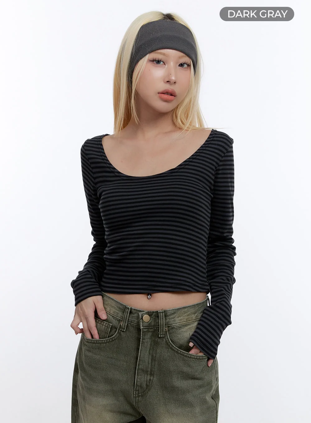 U Neck Stripe Crop Long Sleeve Top CO419 - Image 7