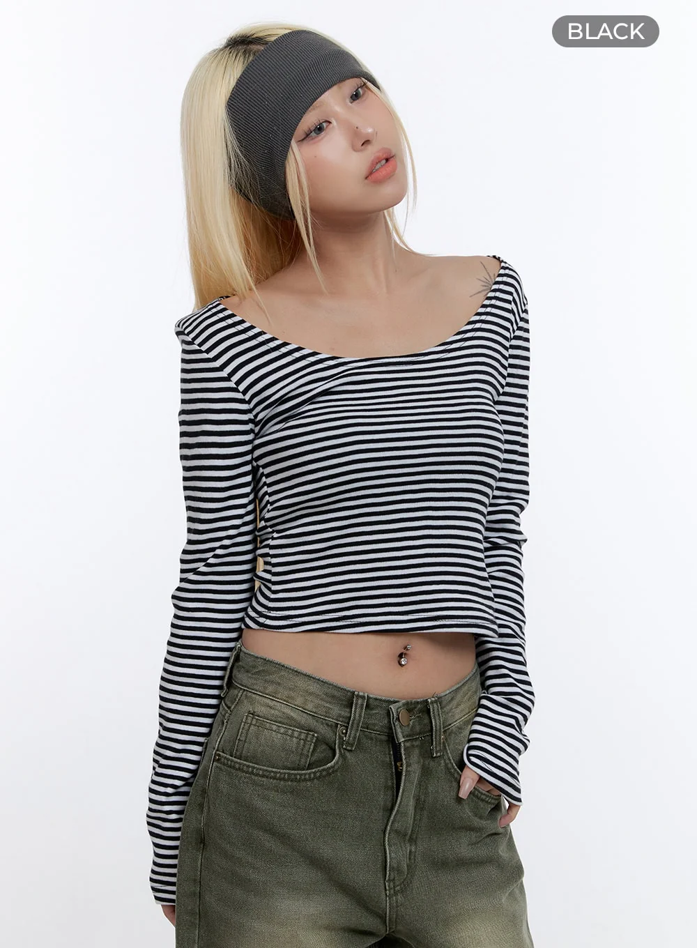 U Neck Stripe Crop Long Sleeve Top CO419 - Image 8