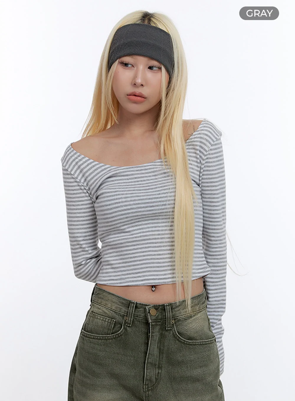 U Neck Stripe Crop Long Sleeve Top CO419 - Image 9