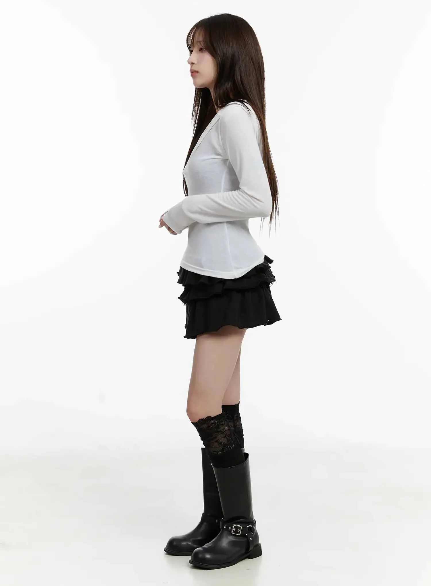 V Neck Button Slim Hooded Top IJ516 - Image 11