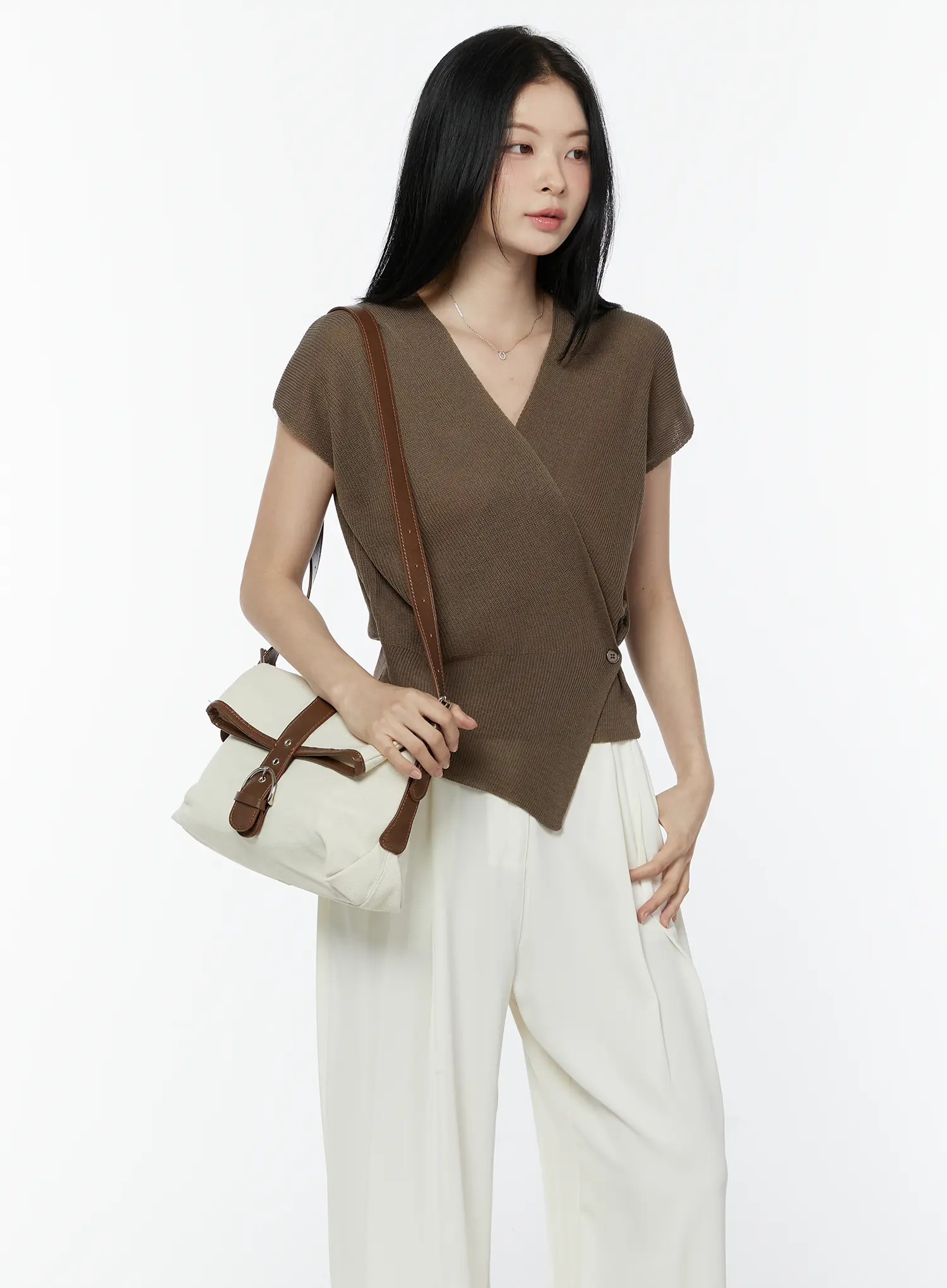 V-Neck Button Wrap Short Sleeve Knit Top IU503