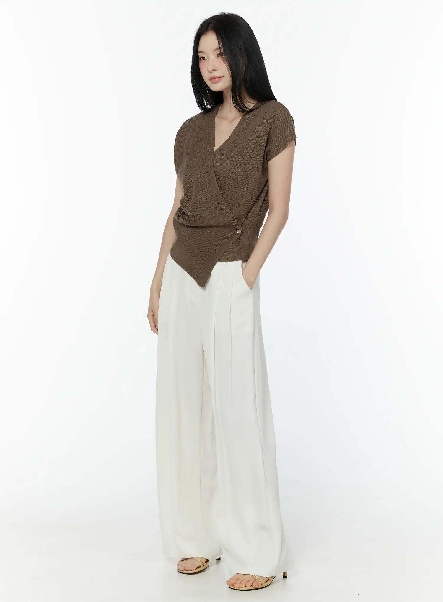 V-Neck Button Wrap Short Sleeve Knit Top IU503 - Image 10