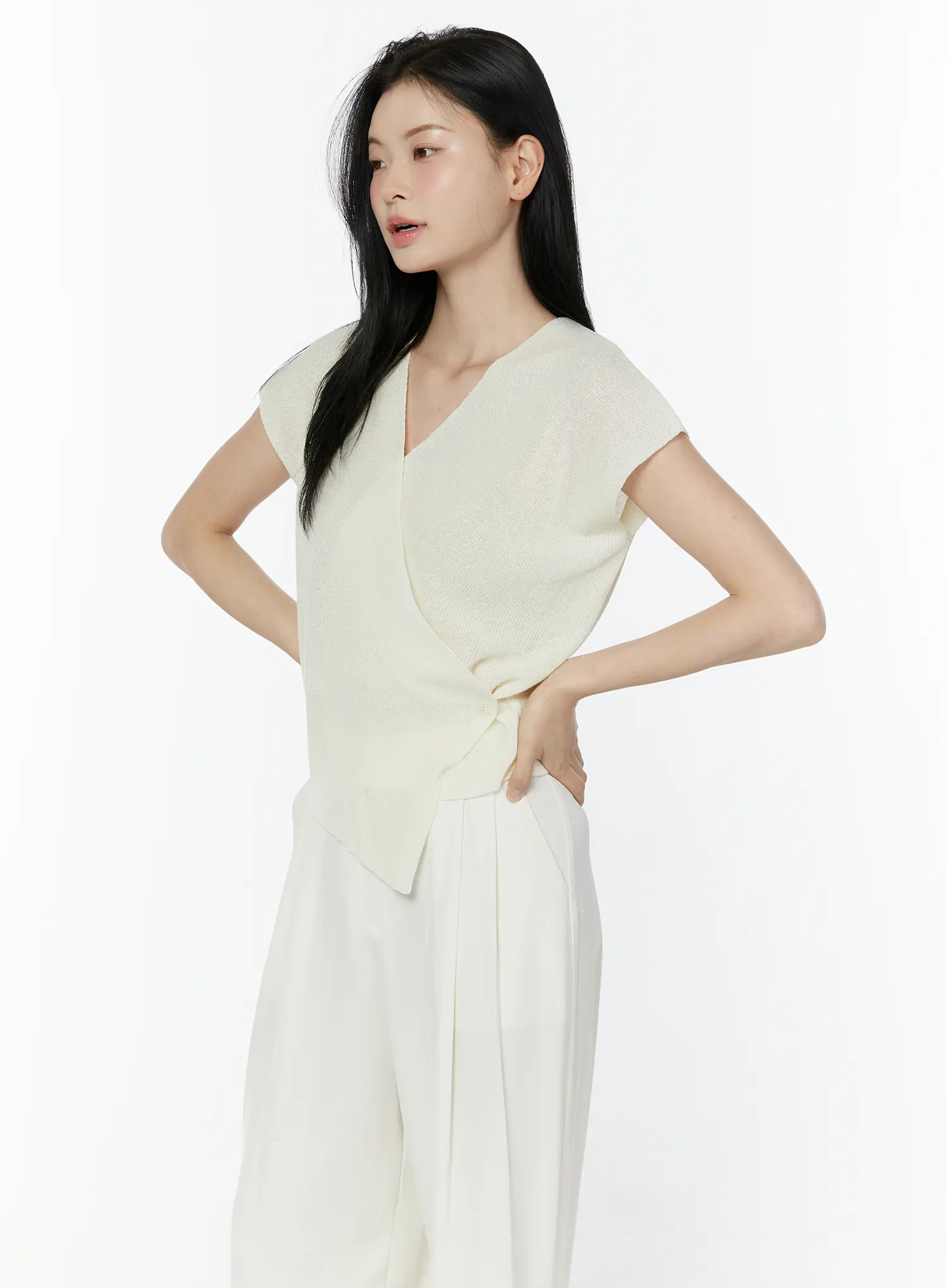 V-Neck Button Wrap Short Sleeve Knit Top IU503 - Image 2