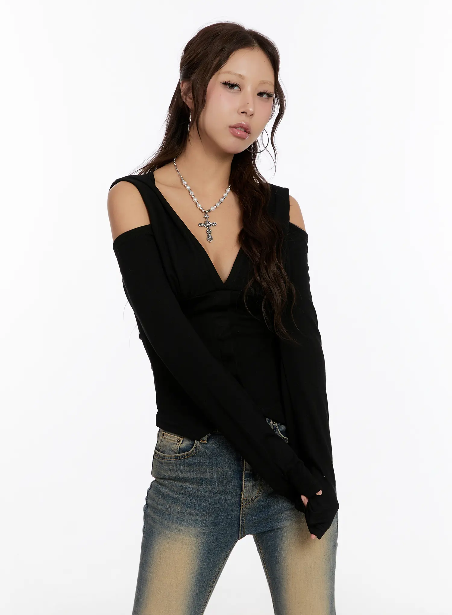 V-Neck Cut-Out Hooded Long Sleeve Top CN527 - Image 11
