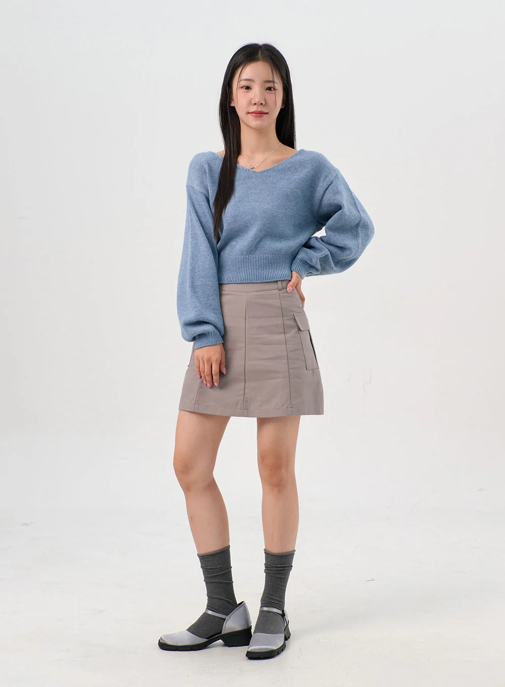 V-Neck Puff Sleeve Sweater OS302 - Image 2
