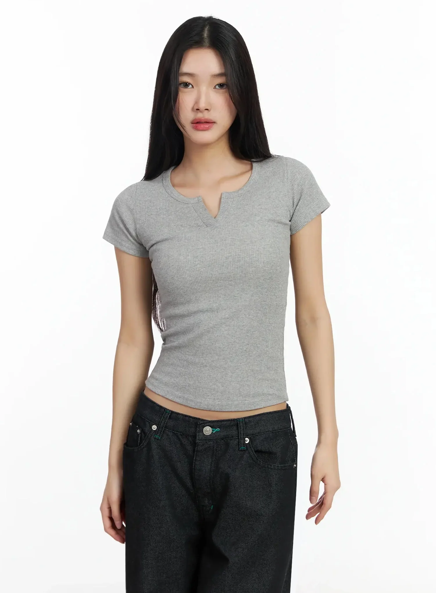 V-Neck Ribbed Short Sleeve Tee IM530 - Image 3