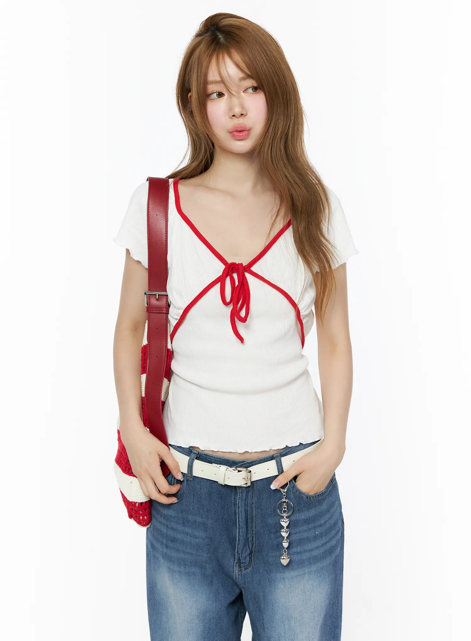 V-Neck Ribbon Short Sleeve Top IU515