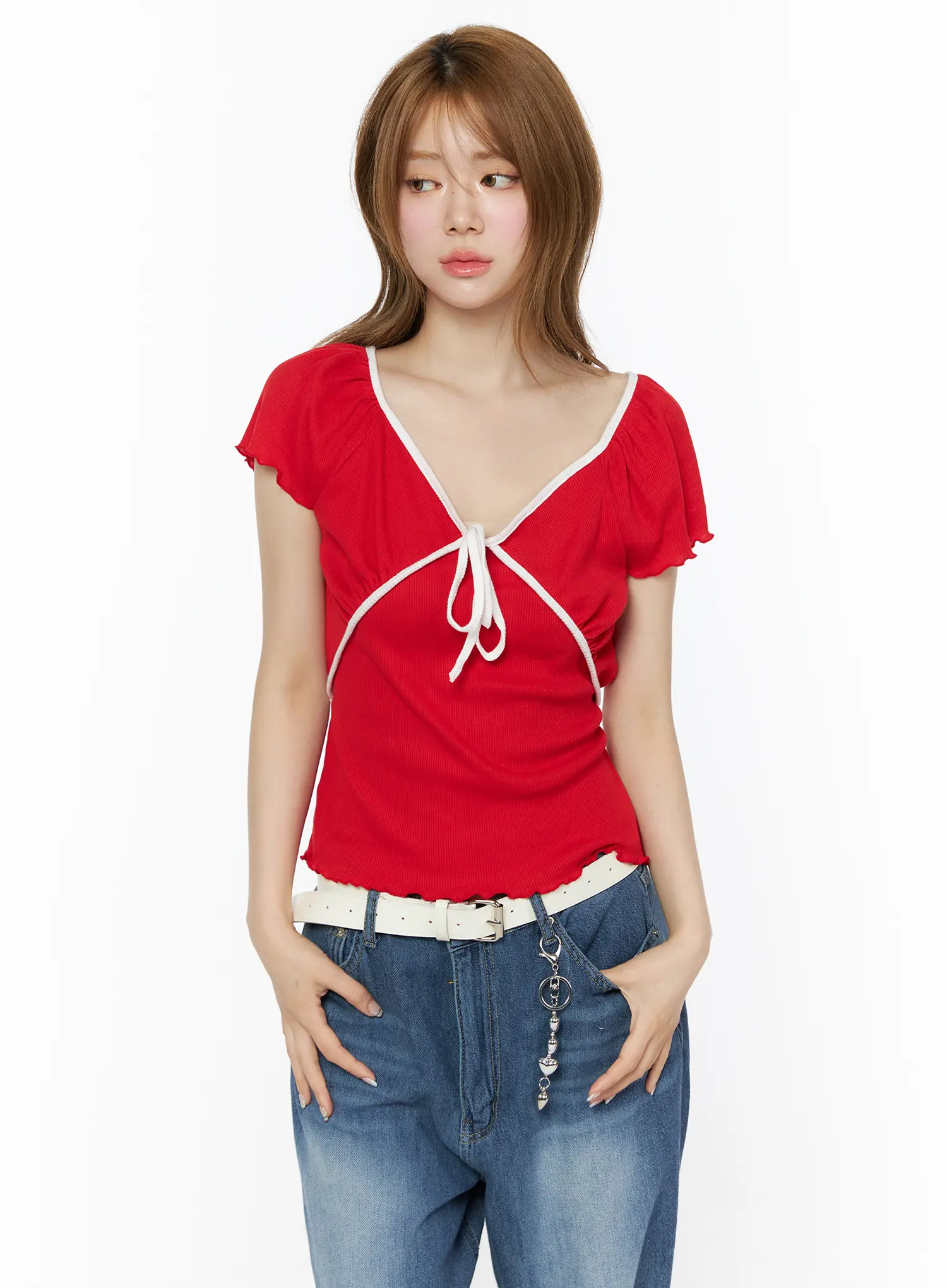 V-Neck Ribbon Short Sleeve Top IU515 - Image 2