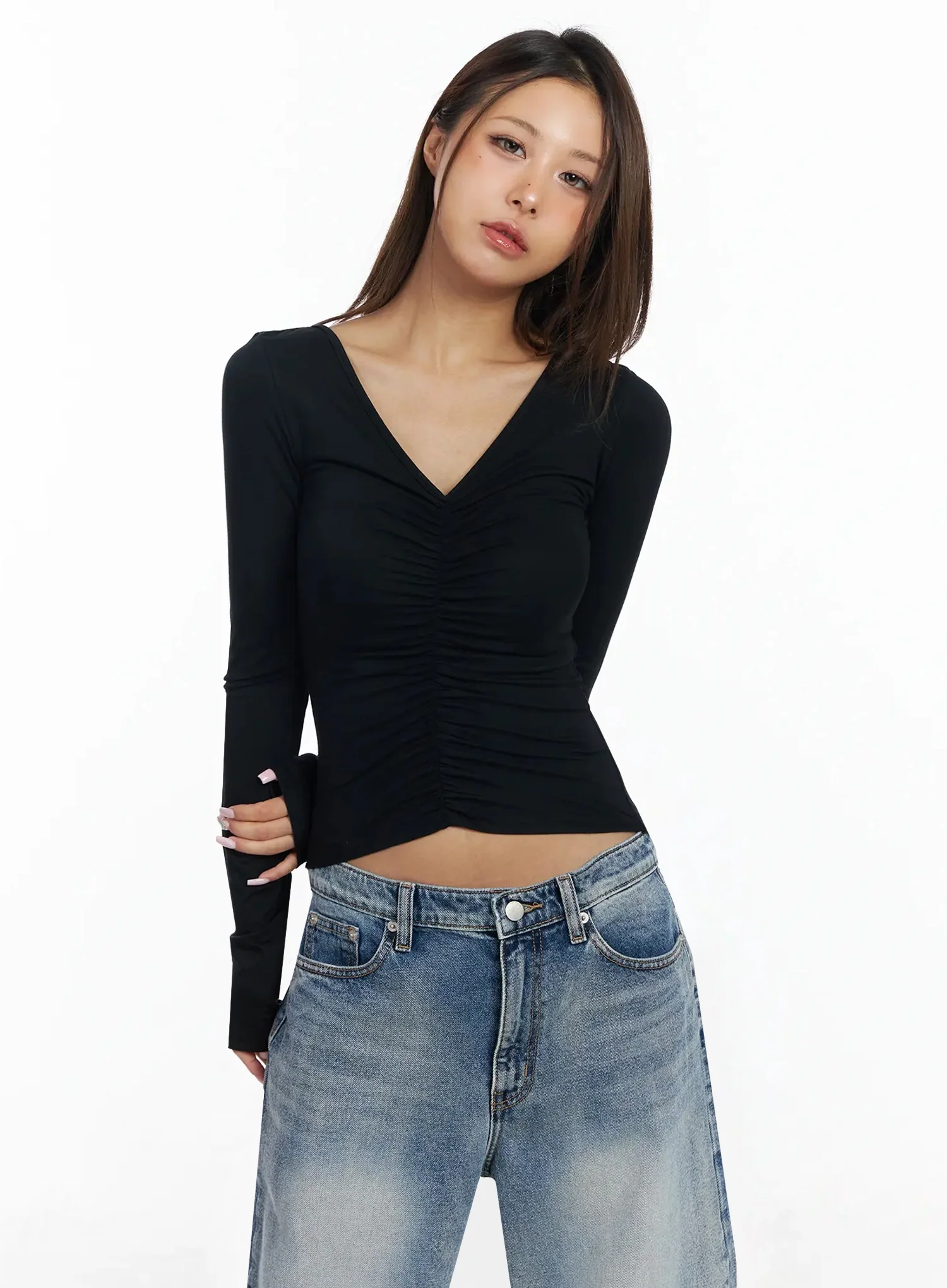 V-Neck Shirred Long Sleeve Top IA527 - Image 2