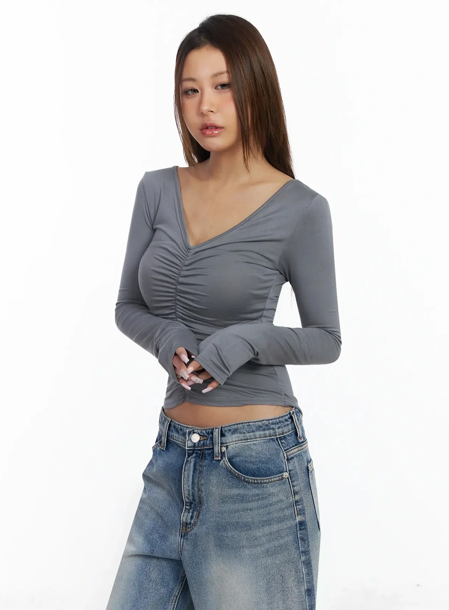 V-Neck Shirred Long Sleeve Top IA527 - Image 3