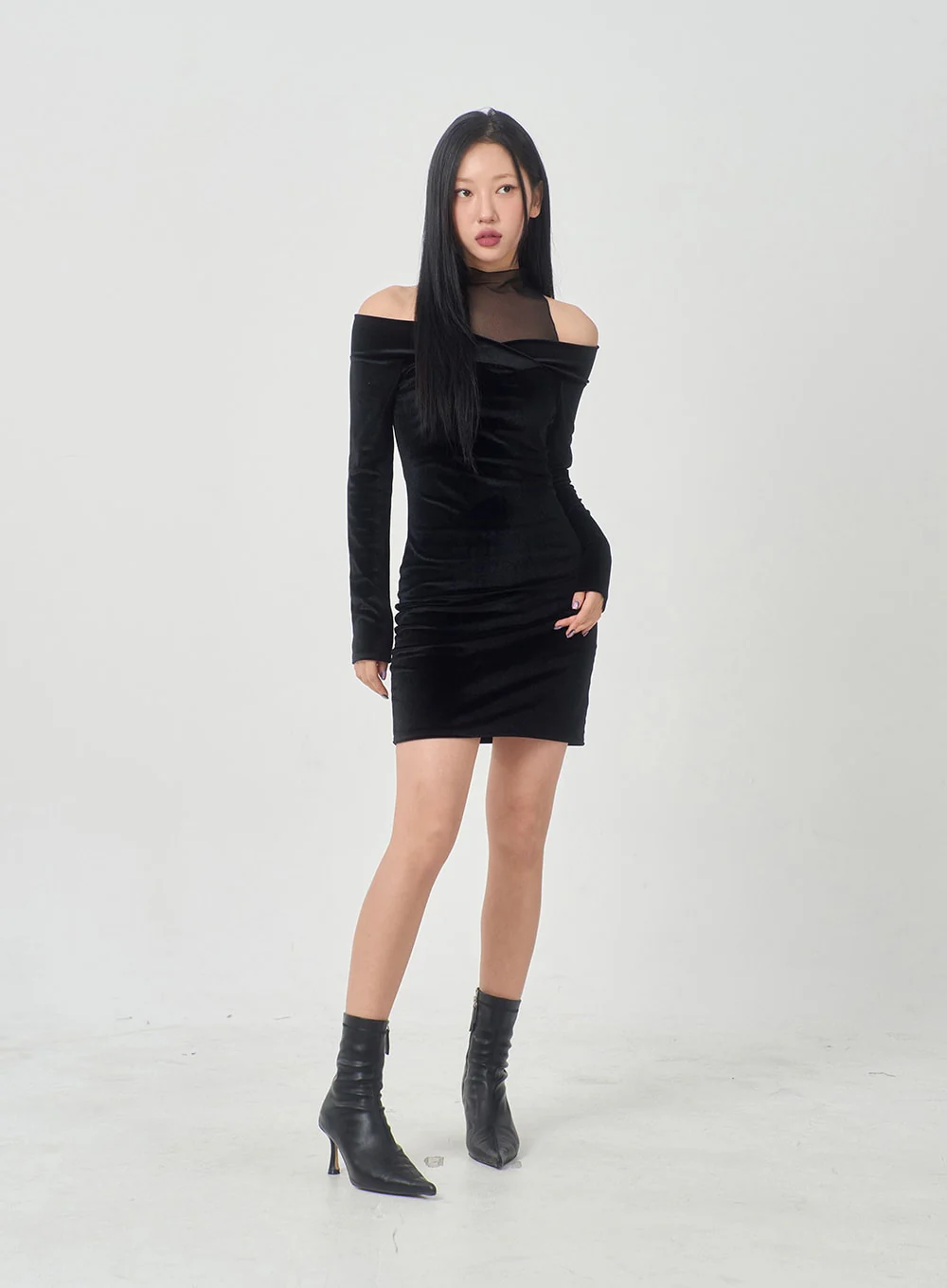 Velvet Off-Shoulder Mesh Neck Mini Dress BD23 - Image 2