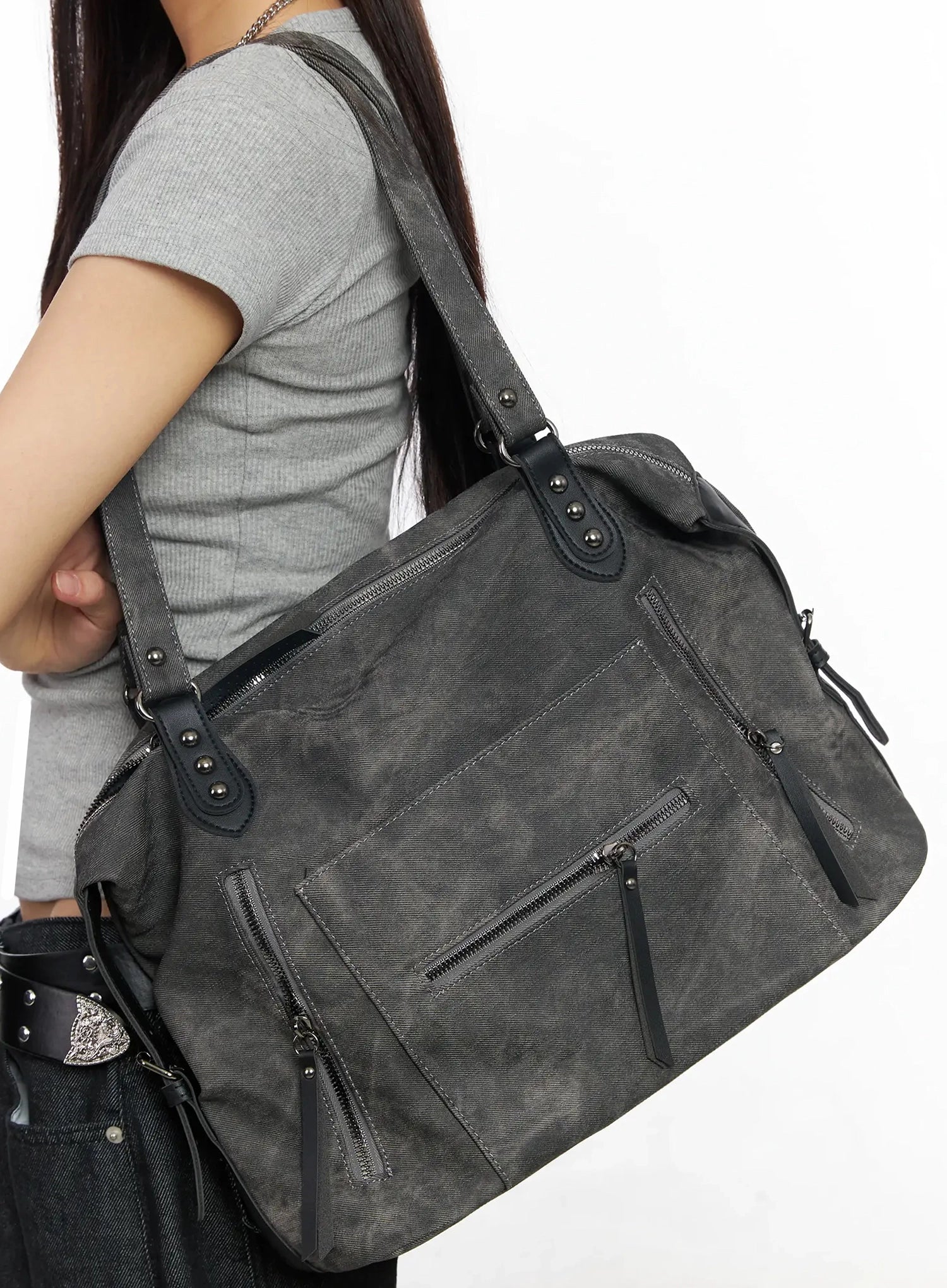 Vintage Leather Accent Shoulder Bag IM530