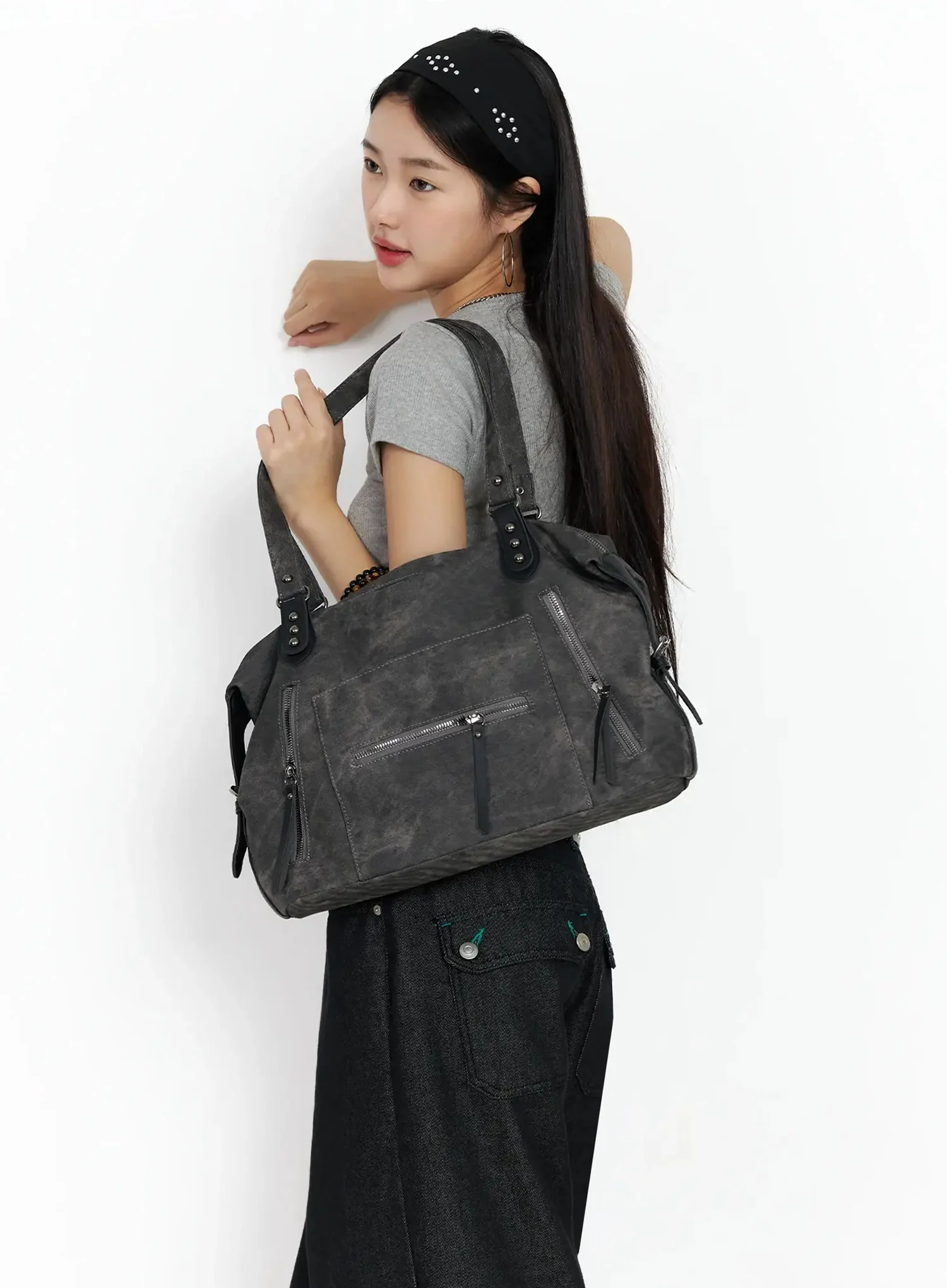 Vintage Leather Accent Shoulder Bag IM530 - Image 2