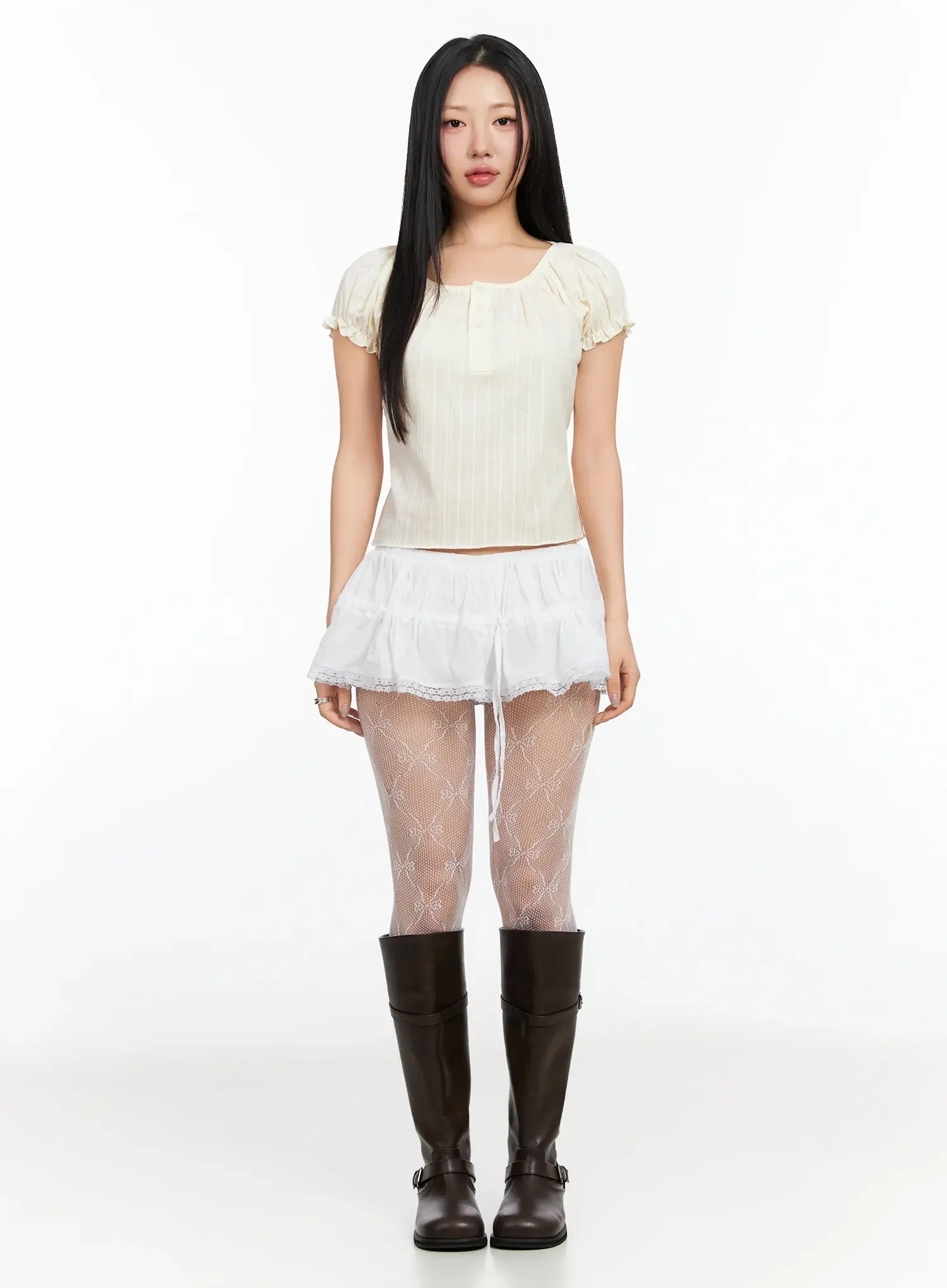 Vintage Puff Sleeve Lace Trim Blouse IA507 - Image 10