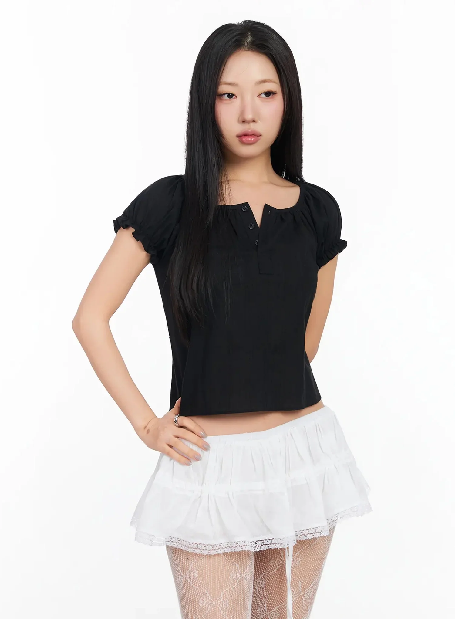 Vintage Puff Sleeve Lace Trim Blouse IA507 - Image 14