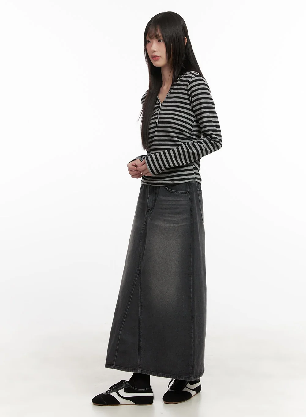 Washed Denim Back Slit Maxi Skirt CD430 - Image 2