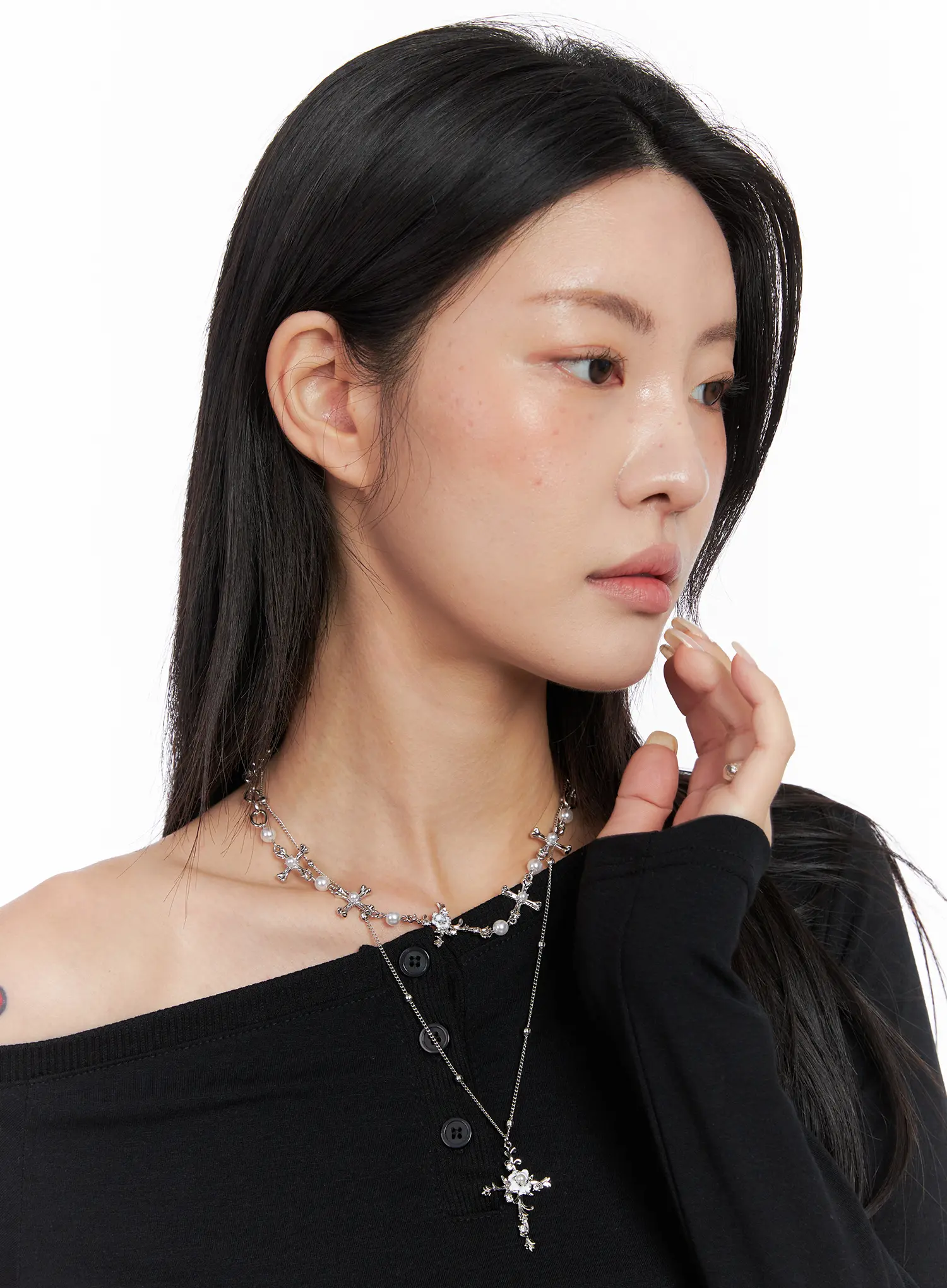 White Bloom Cross Necklace CC1809 - Image 2