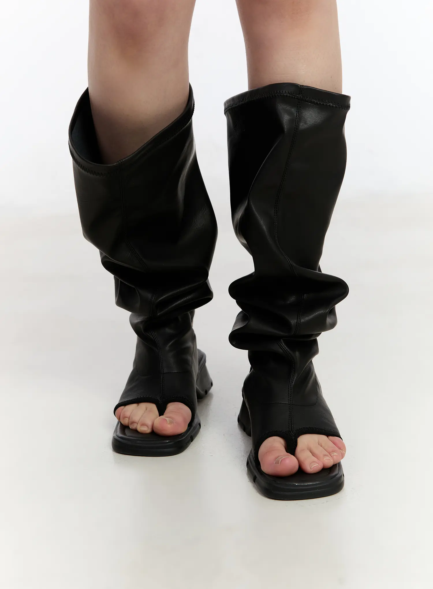 Wrinkled Leather Peep Toe Long Boots CA508 - Image 3